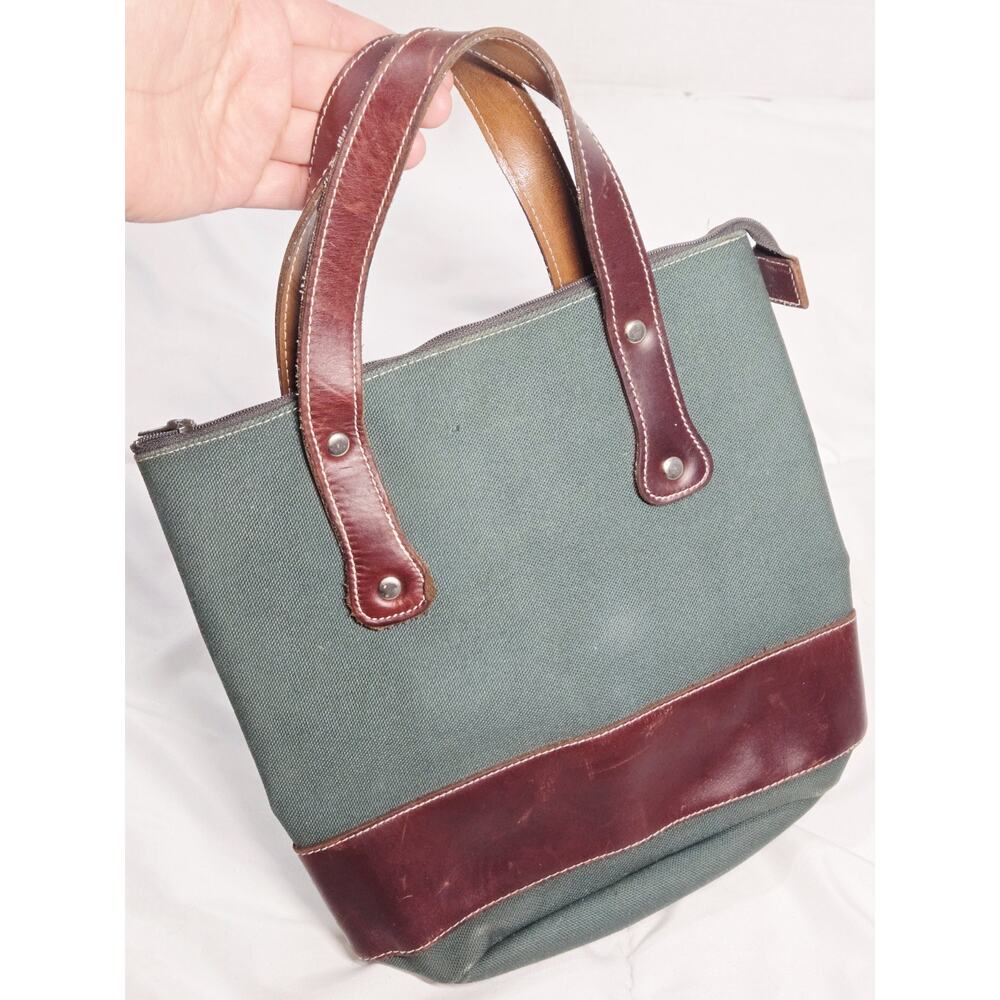 Vtg 90's GAP Academia Canvas Leather Tote Bag Brown Green Boho Work Travel
